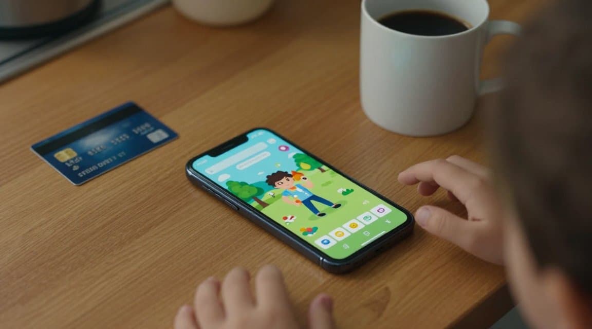 A child's hand reaching for a phone showing a mobile game beside a parent's credit card, illustrating an unauthorized in-app purchase before the refund lands