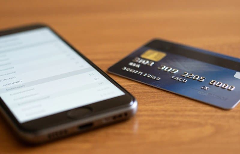 A smartphone on a desk beside a credit card showing an out-of-focus list of bank transaction lines with one line faintly emphasized, standing in for an unrecognized charge a customer is about to dispute