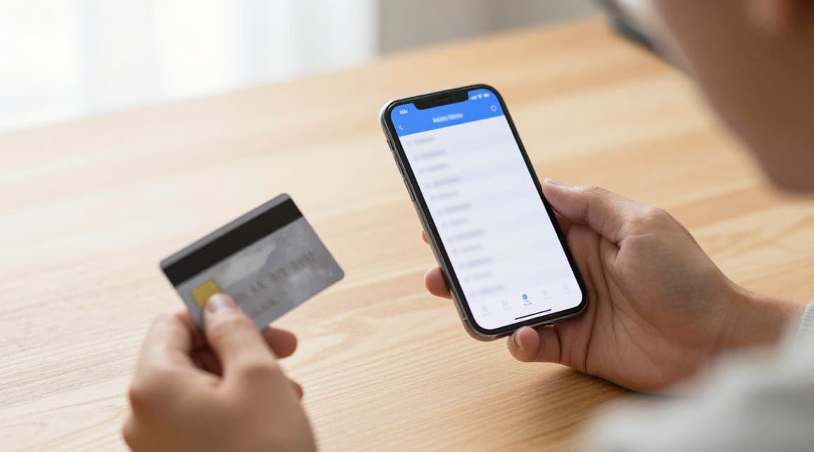 A person holding a credit card and studying a phone banking app with an unrecognized charge on a bank statement, unsure which app billed them