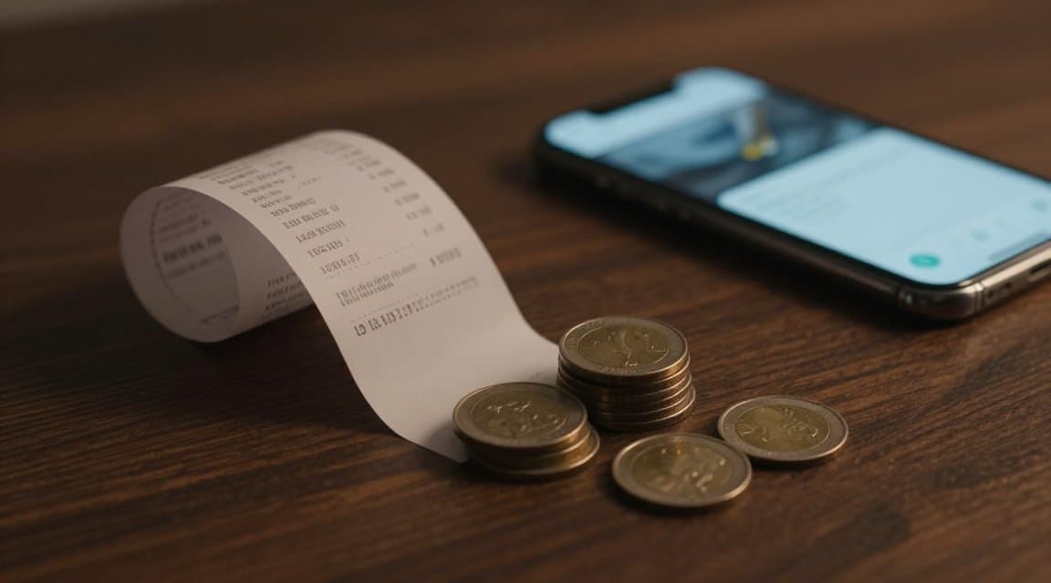 A curling paper receipt, a stack of coins with several sliding off a dark desk, and a glowing phone payment screen, illustrating what a refund costs an app developer beyond the sale price