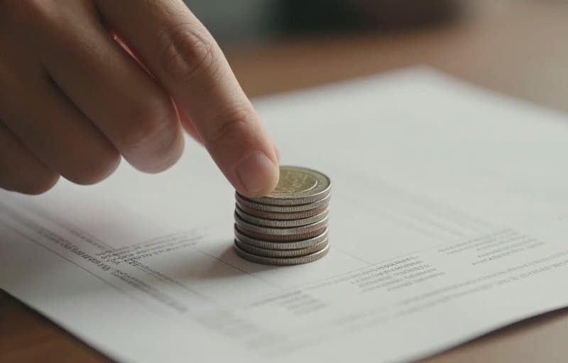 A hand lifting one coin from a stack resting on a bank statement, standing in for who pays for a refund once the store returns its commission