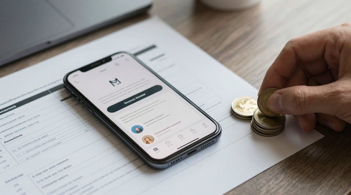 An overhead view of a developer desk with a phone, a financial statement, and a hand lifting one coin from a stack, standing in for who pays for a refund on your app